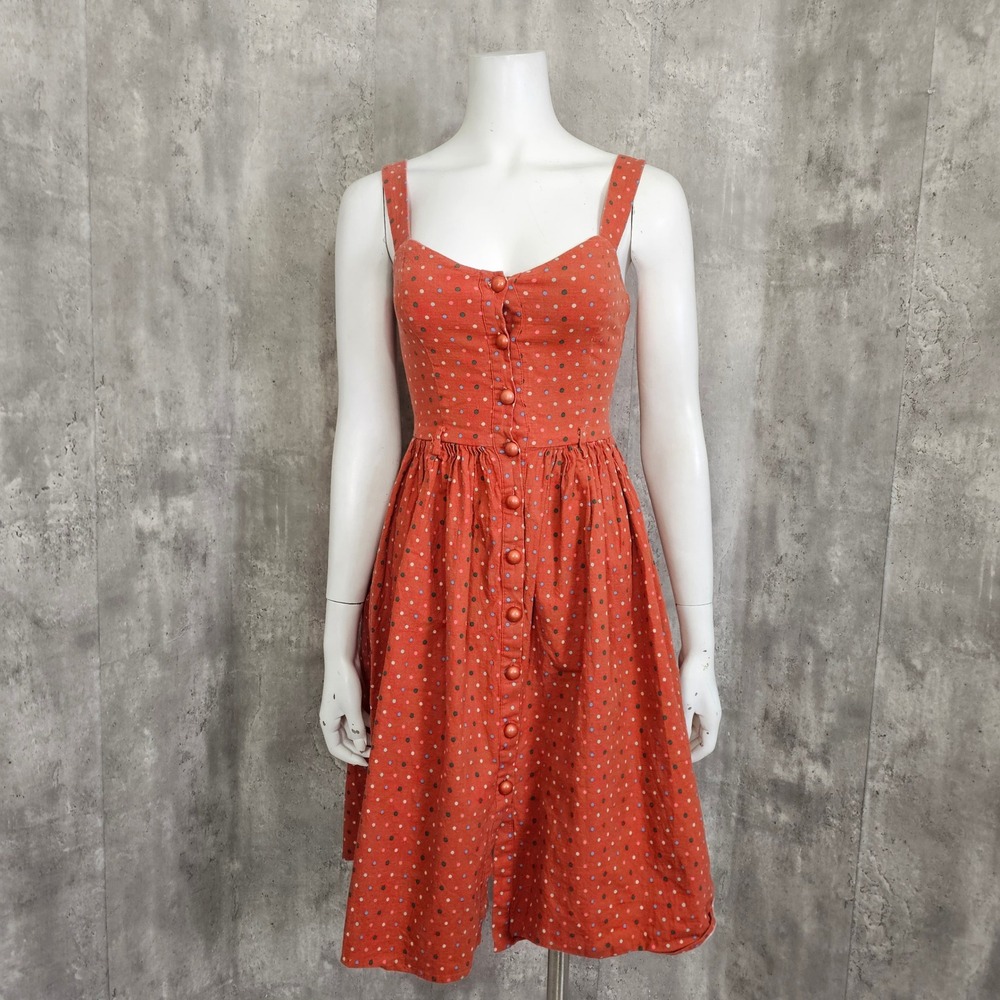 Collectif London Polka Dot Retro Sundress Orange Cotton Fit Flare Pinup XS - Picture 2 of 12